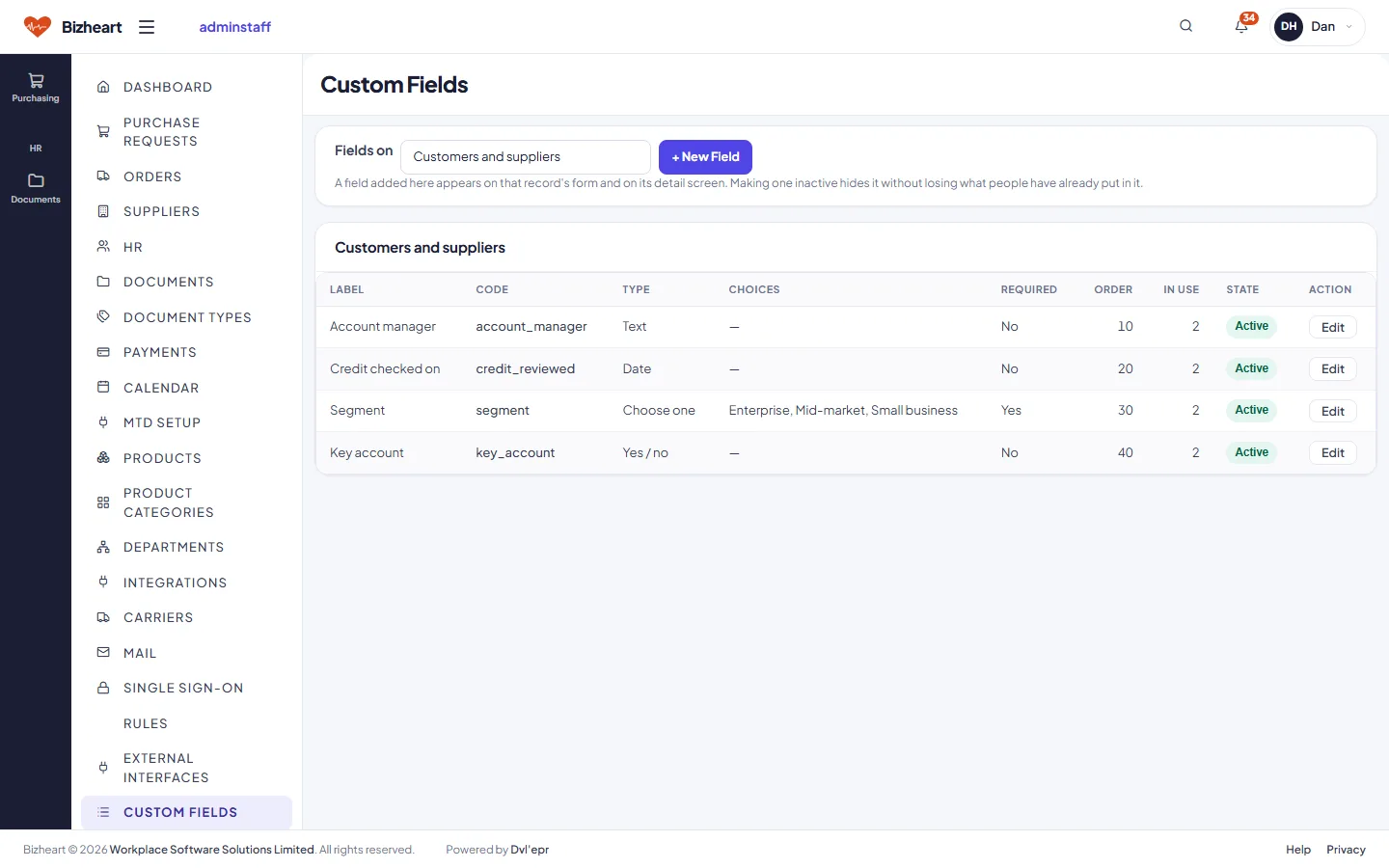 Custom fields added to customers and suppliers
