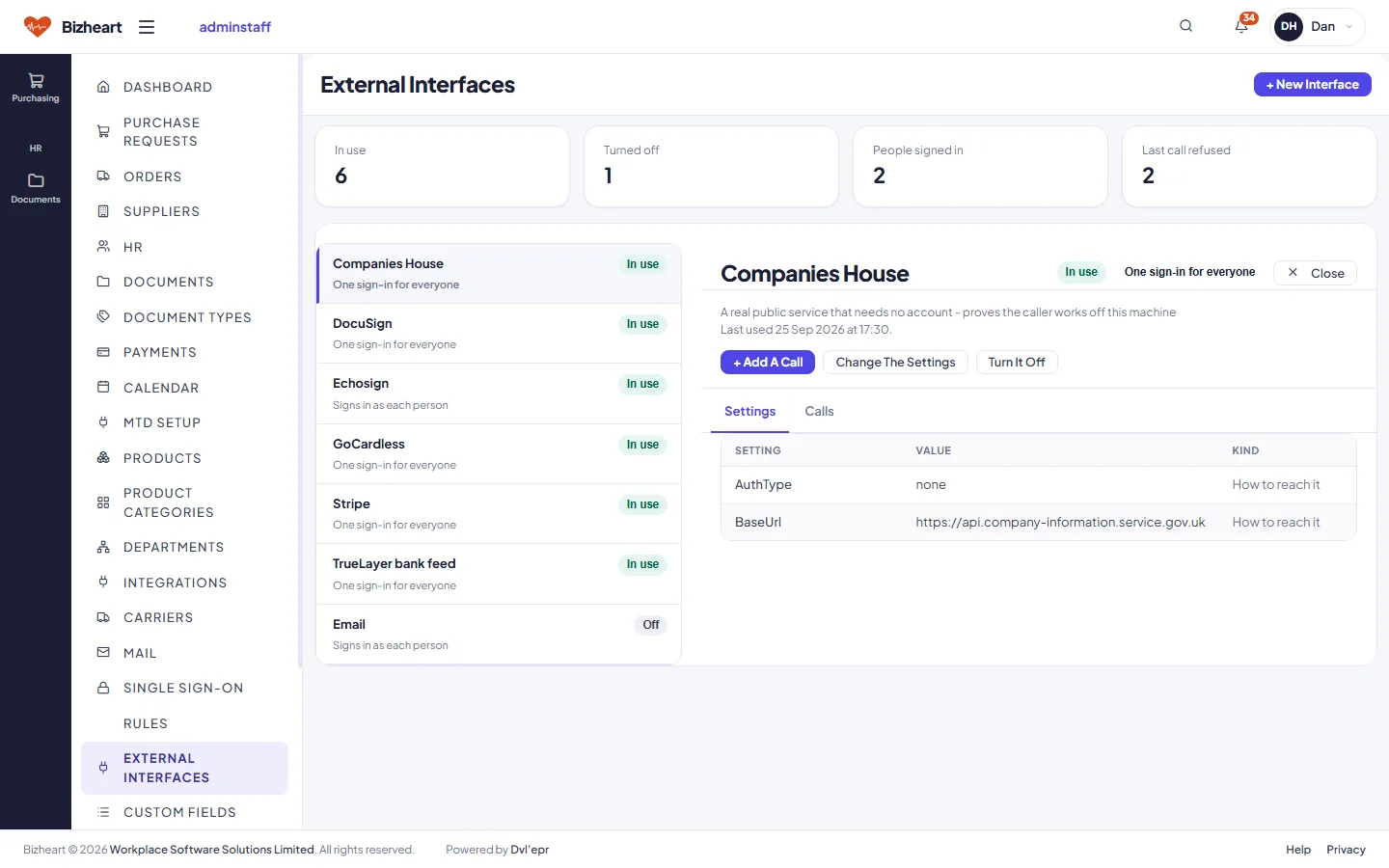 External interfaces: the services Bizheart signs in to, which are in use and who has signed in