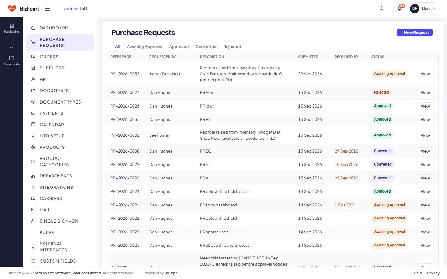 Purchase requests list with status