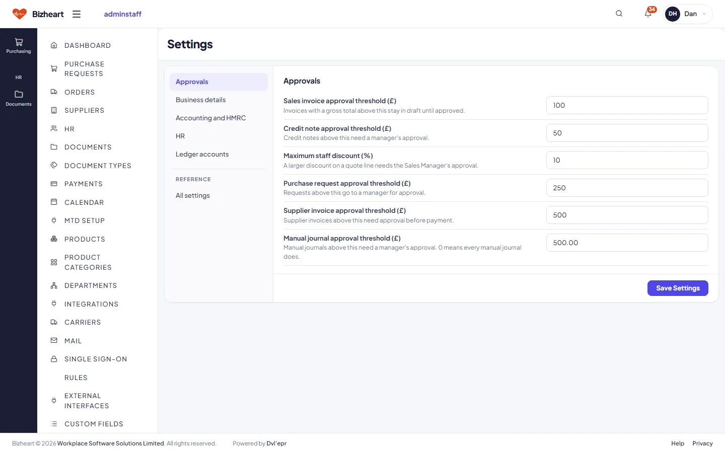 Settings: approval thresholds, business details, accounting and HMRC, HR and ledger accounts