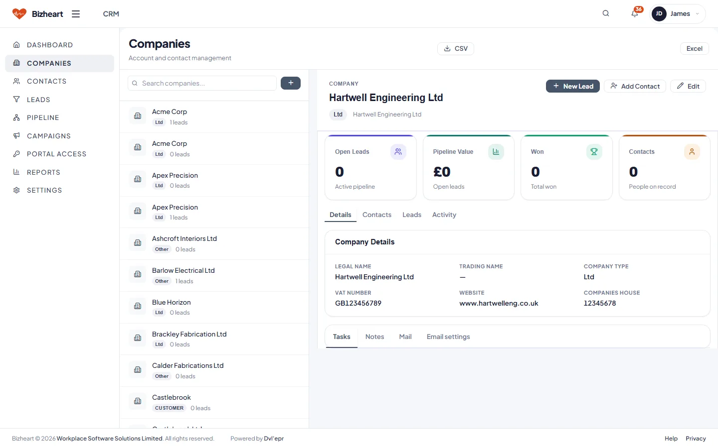 Companies list with contact detail pane