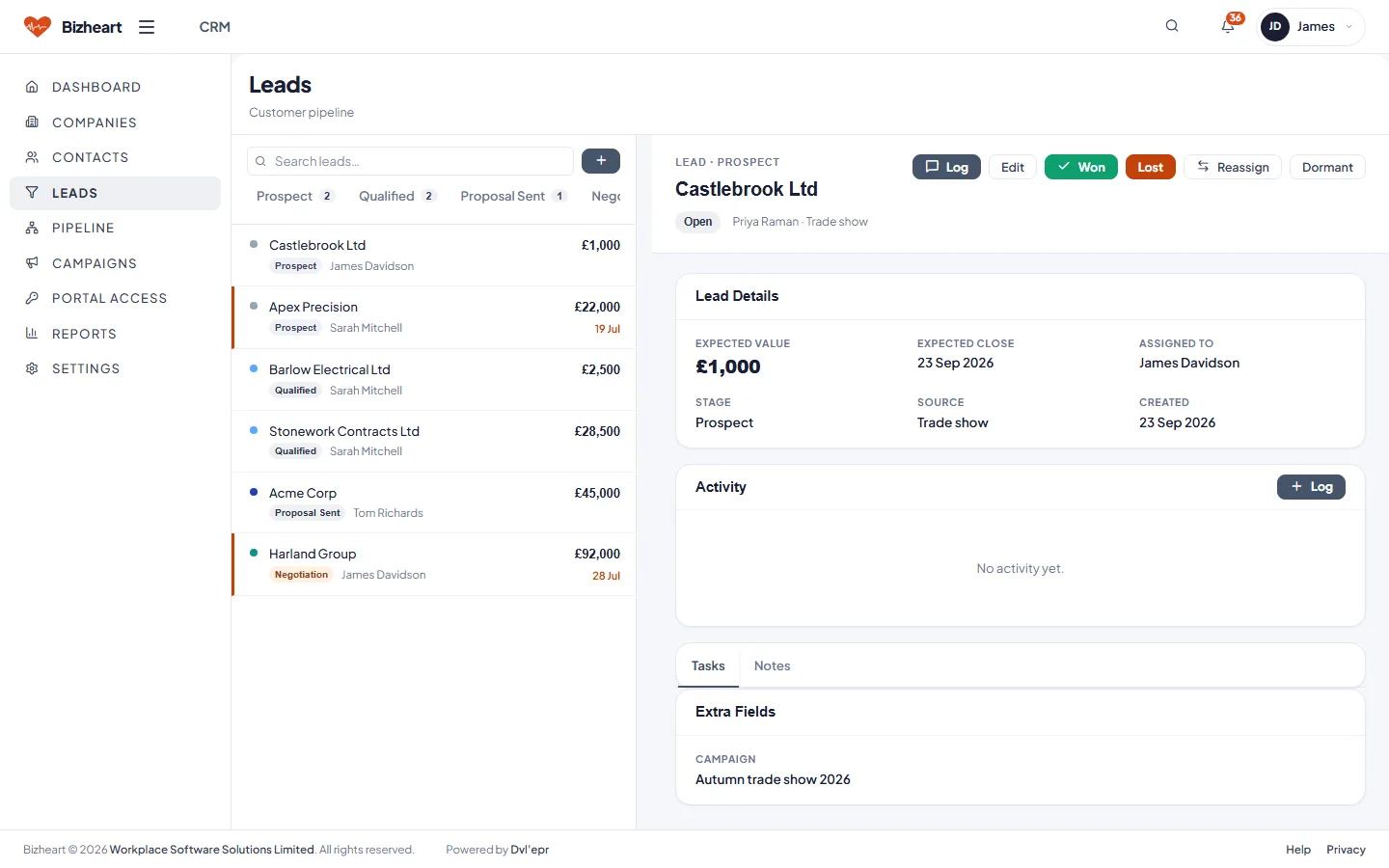 Leads list with stage, value, owner and follow-up date