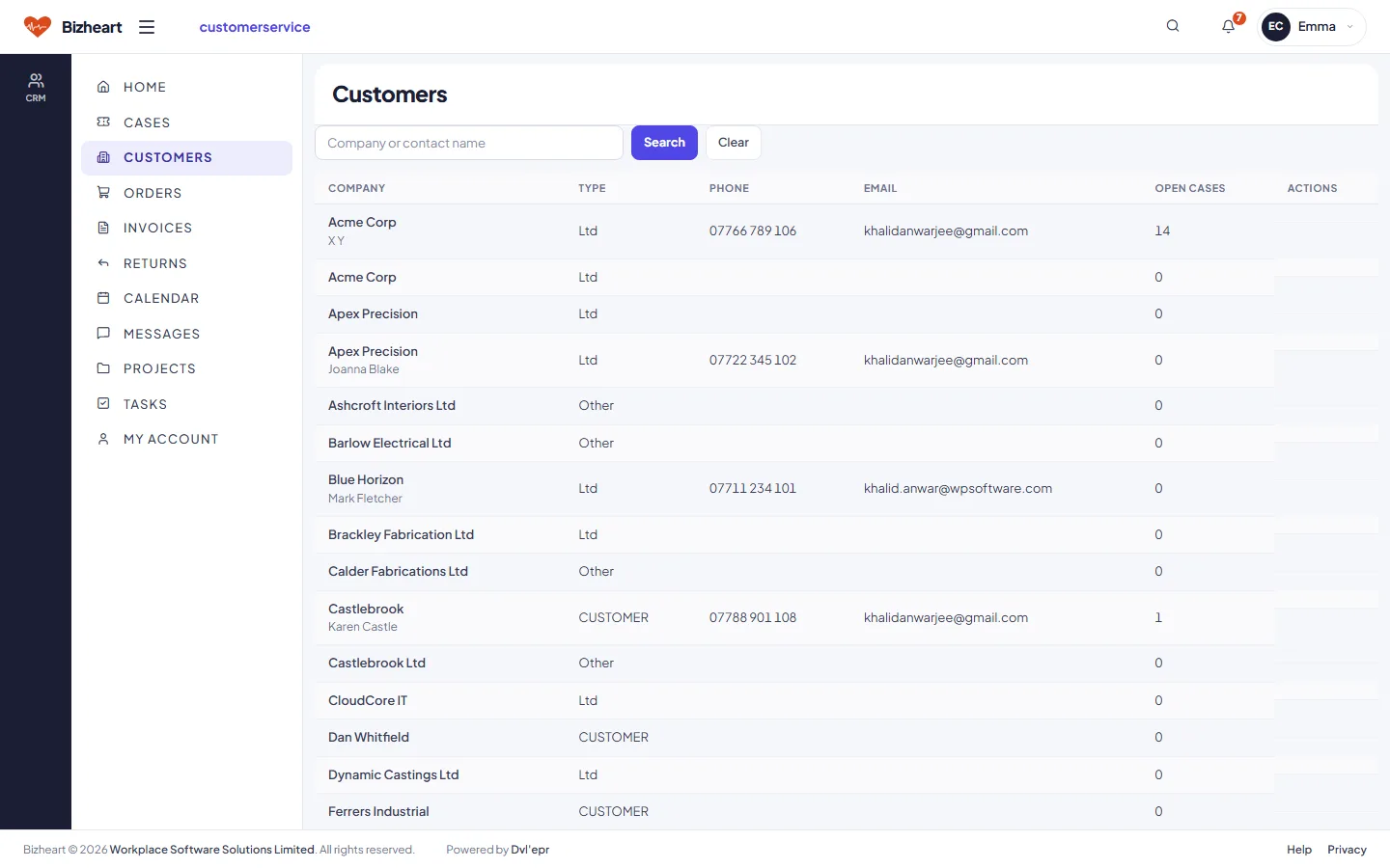 Customers list with open cases and account links