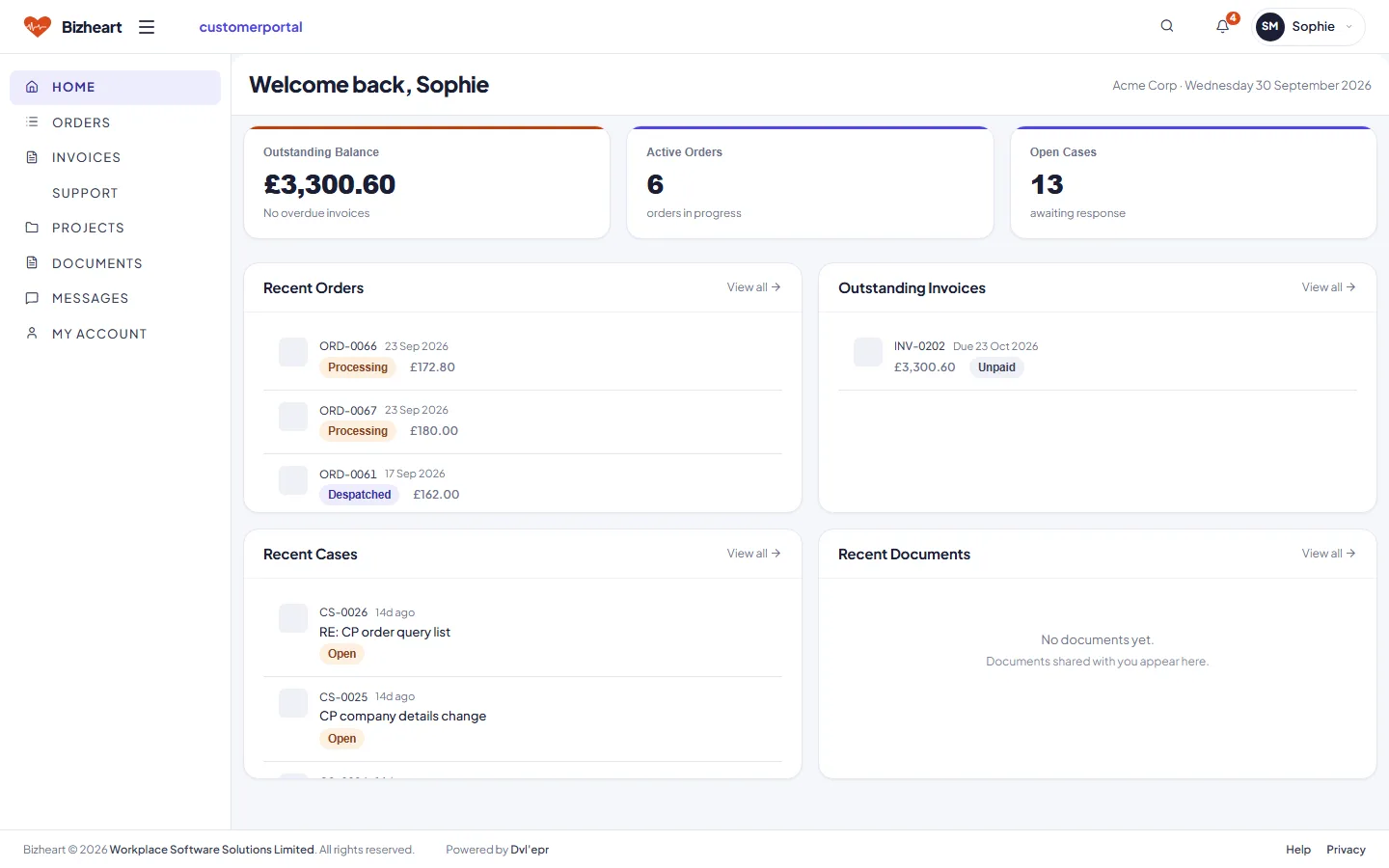 Customer Portal home showing outstanding balance, active orders, open cases, recent orders and invoices