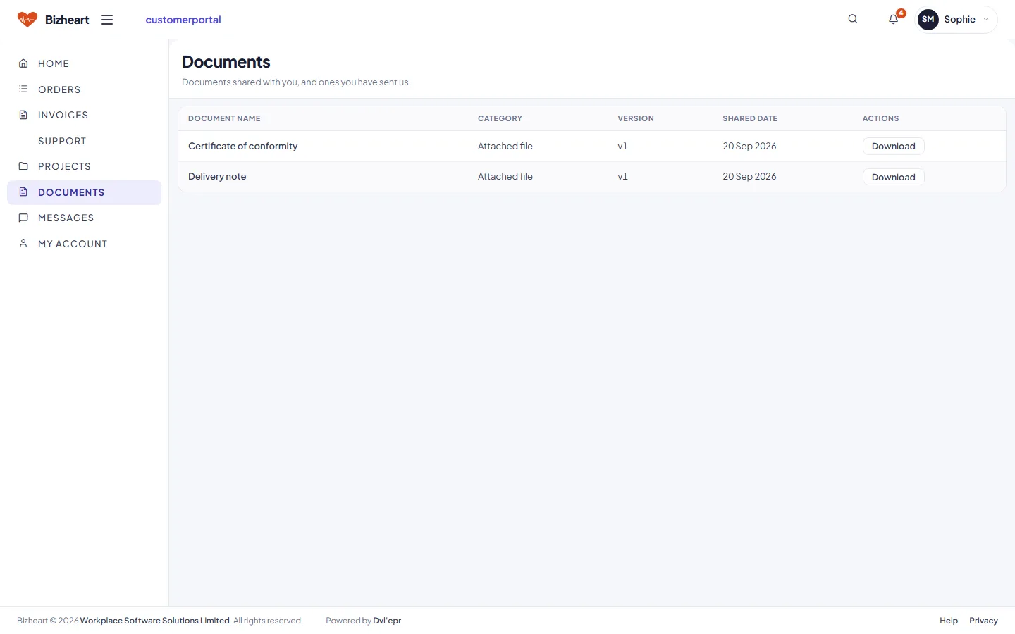 Documents shared with the customer, with versions and download
