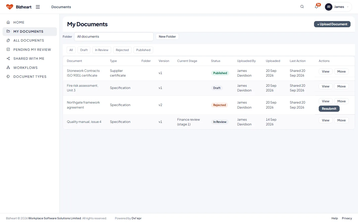 My documents with version, stage and status