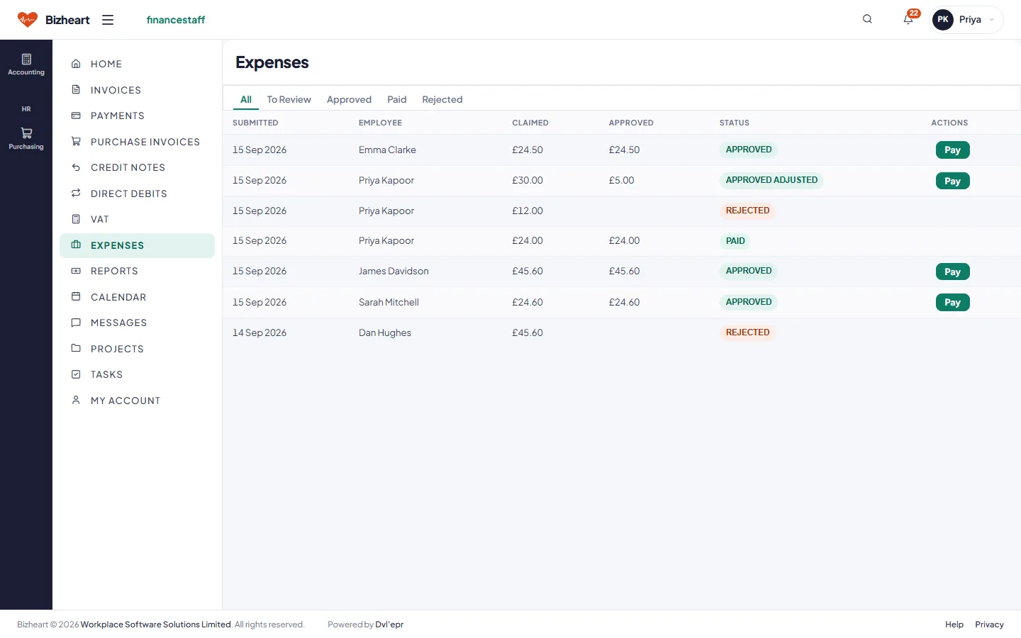 Expense claims with status and approve or pay actions