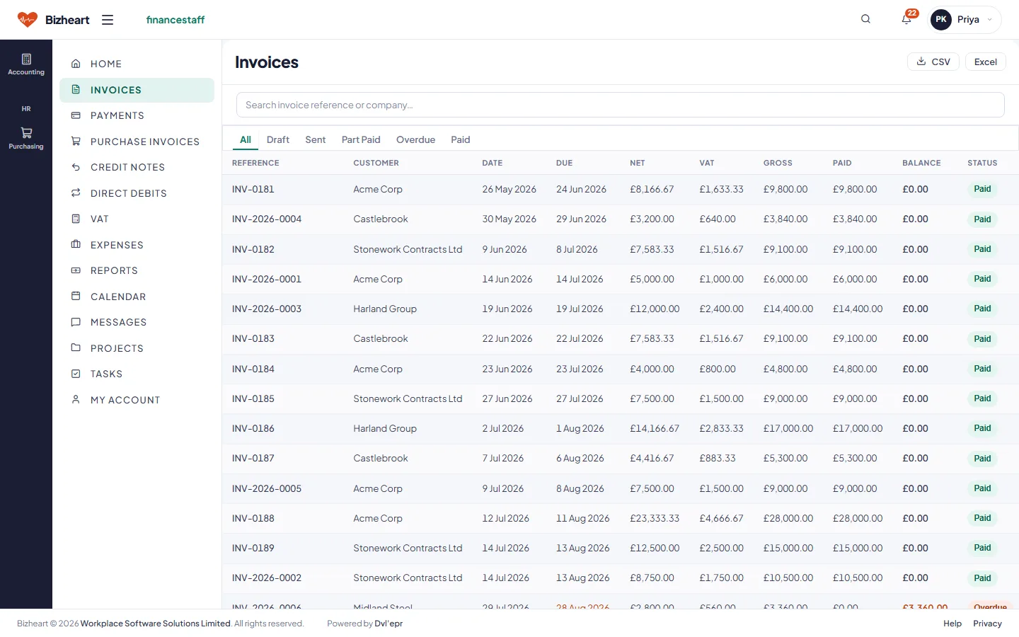 Invoices list with net, VAT, gross, paid, balance and status