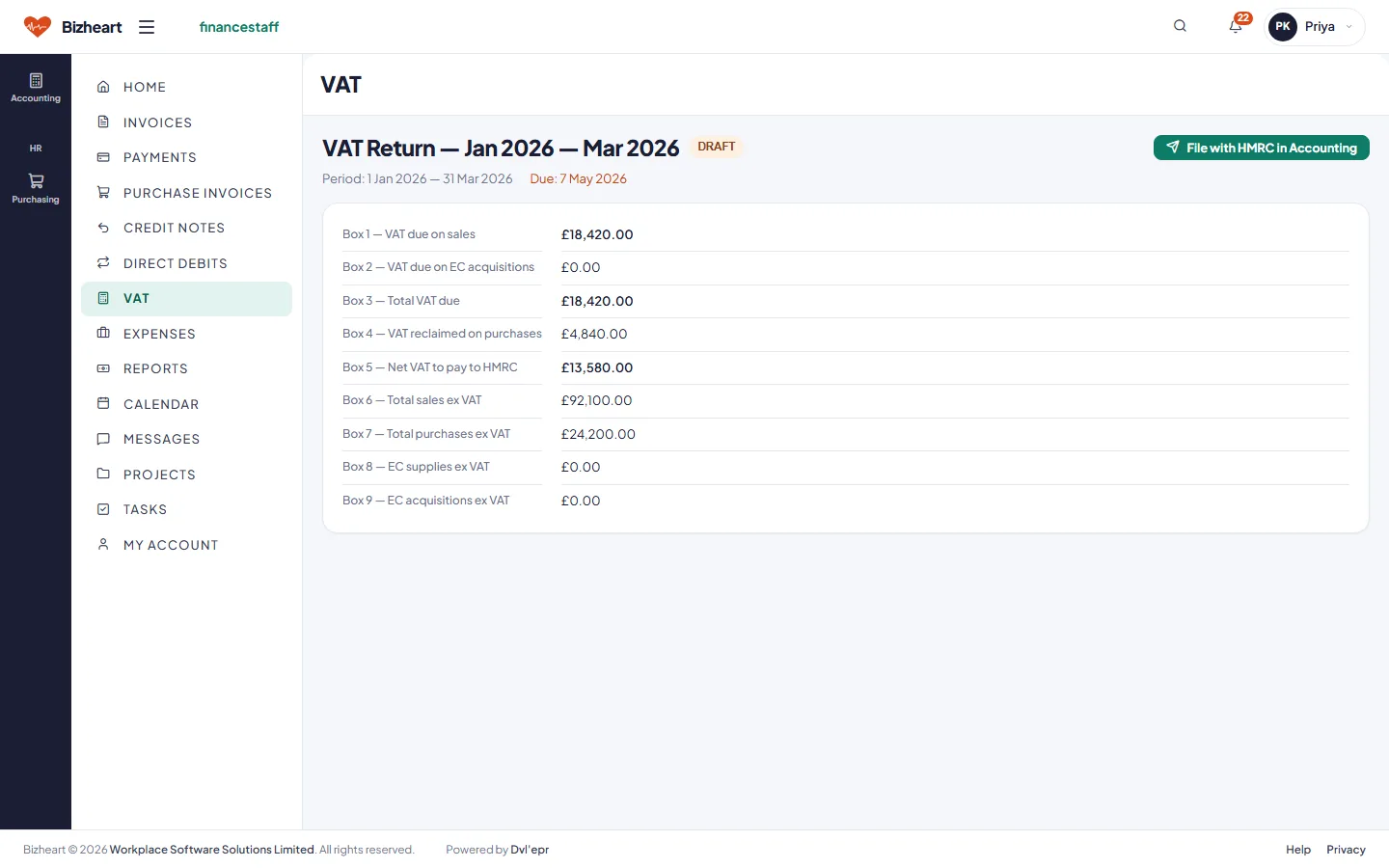 VAT return with the nine boxes for the quarter