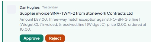 A supplier invoice notice with a three-way match exception and Approve and Reject buttons
