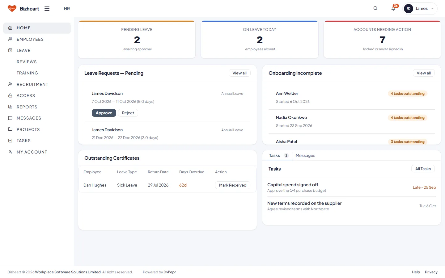 HR dashboard with leave requests pending, onboarding incomplete and contracts awaiting action