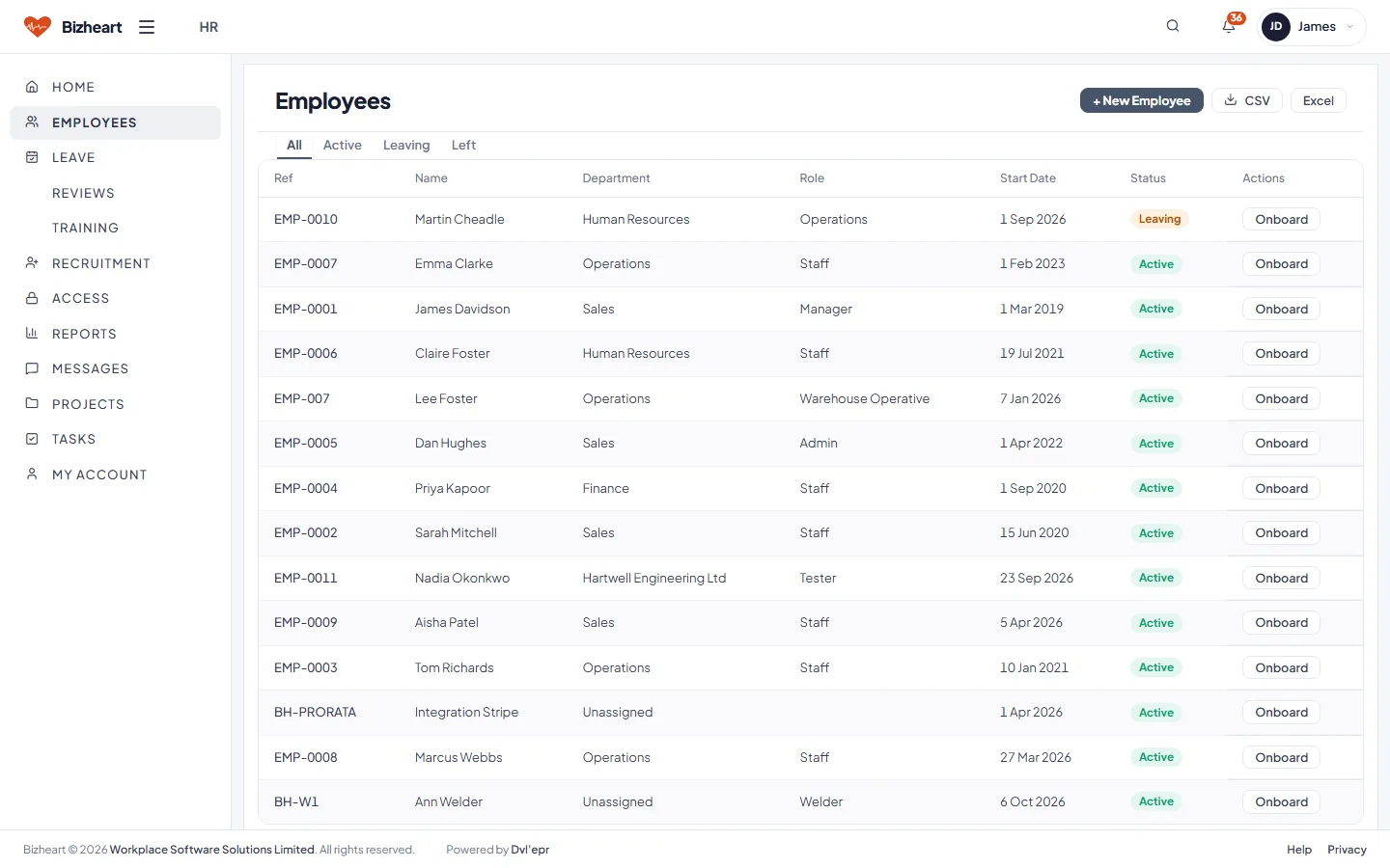 Employees list with department, role and start date