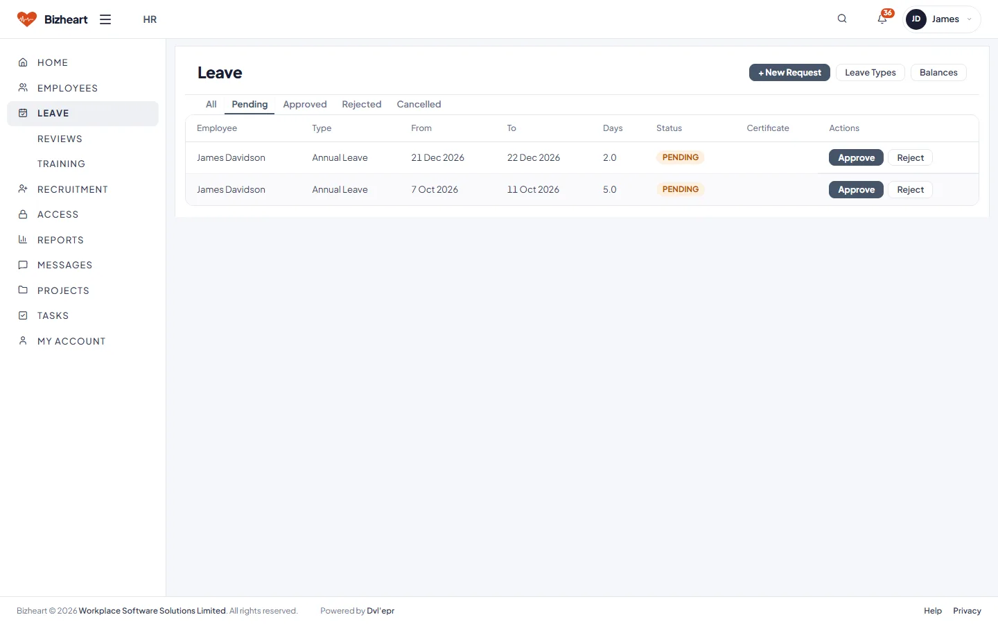 Leave requests list with approve and reject actions
