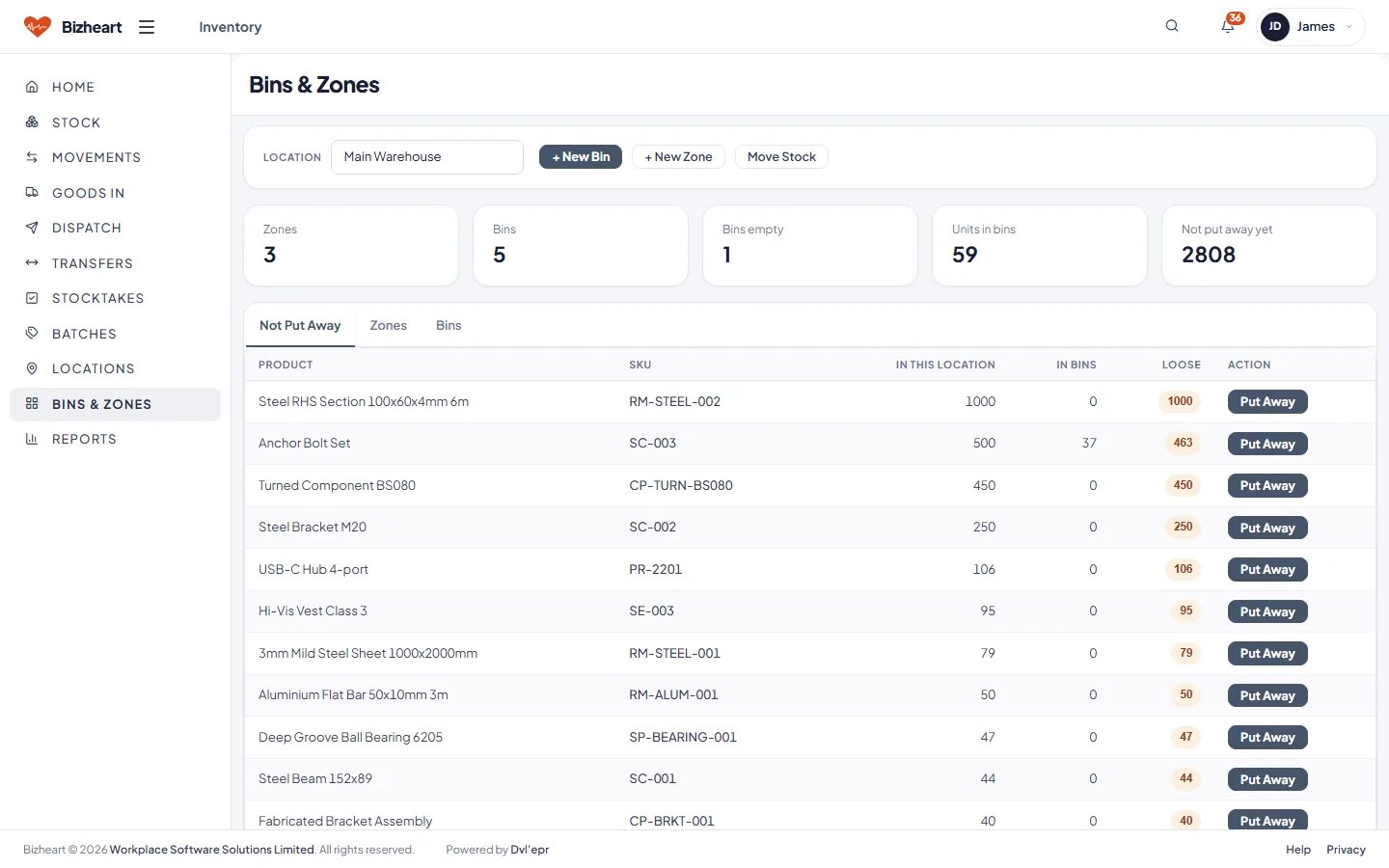 Bins and zones by location with contents