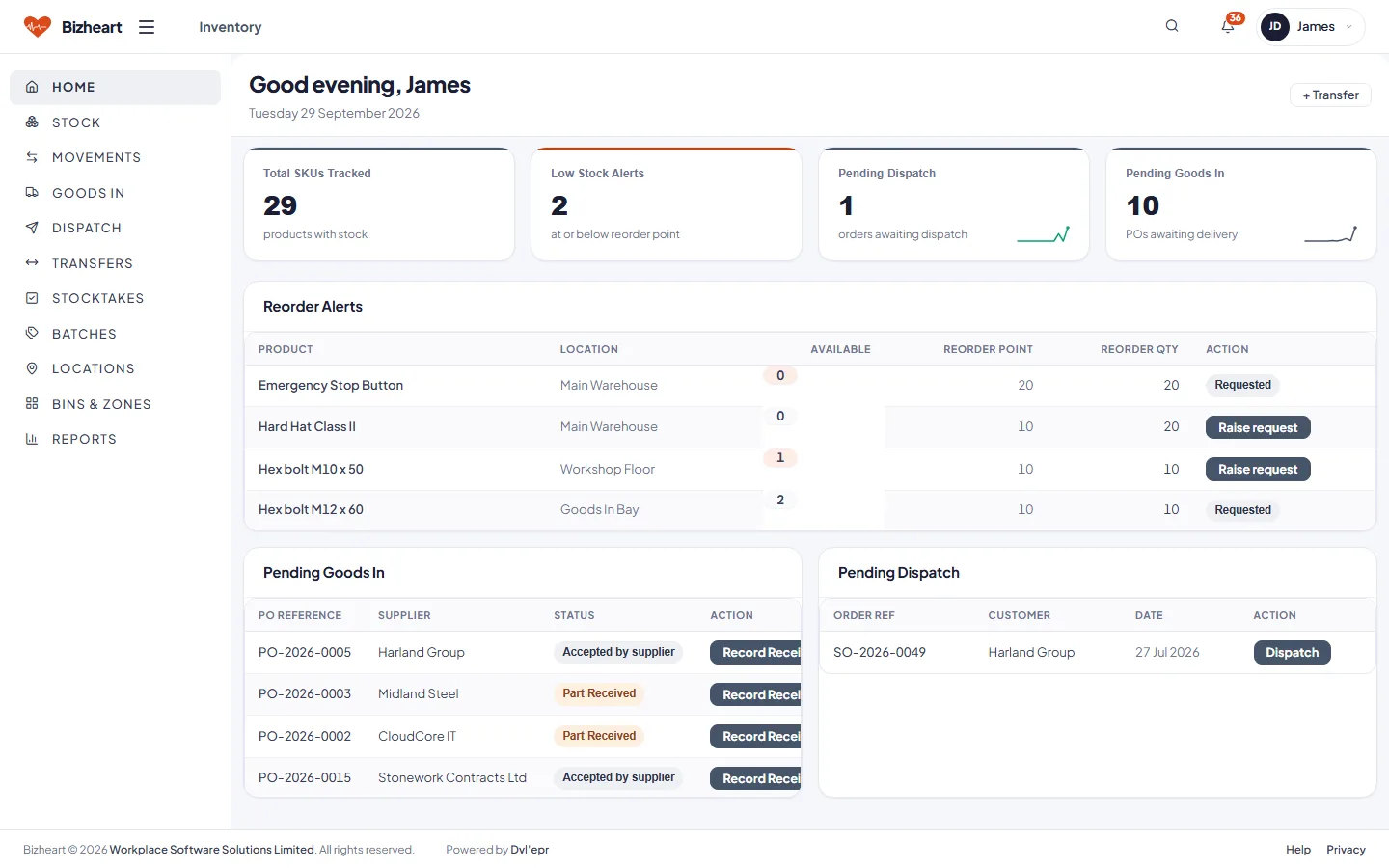 Inventory dashboard with stock value, low stock, pending receipts and a reorder list