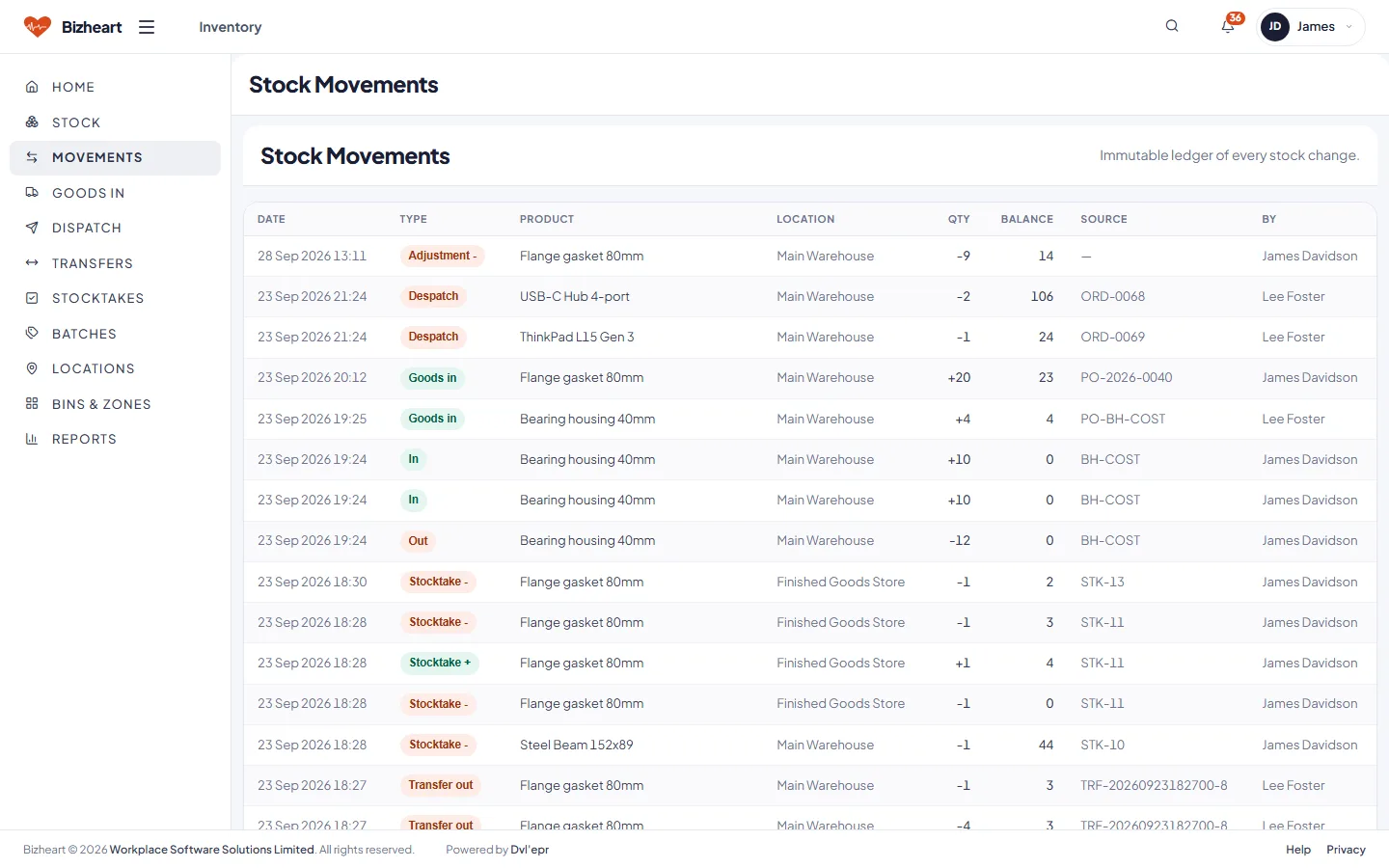 Stock movements list with type, product, location, quantity and user