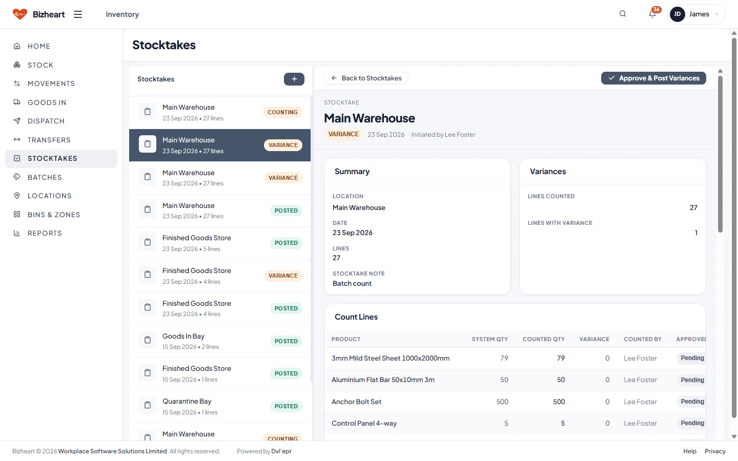 Stocktakes list with status