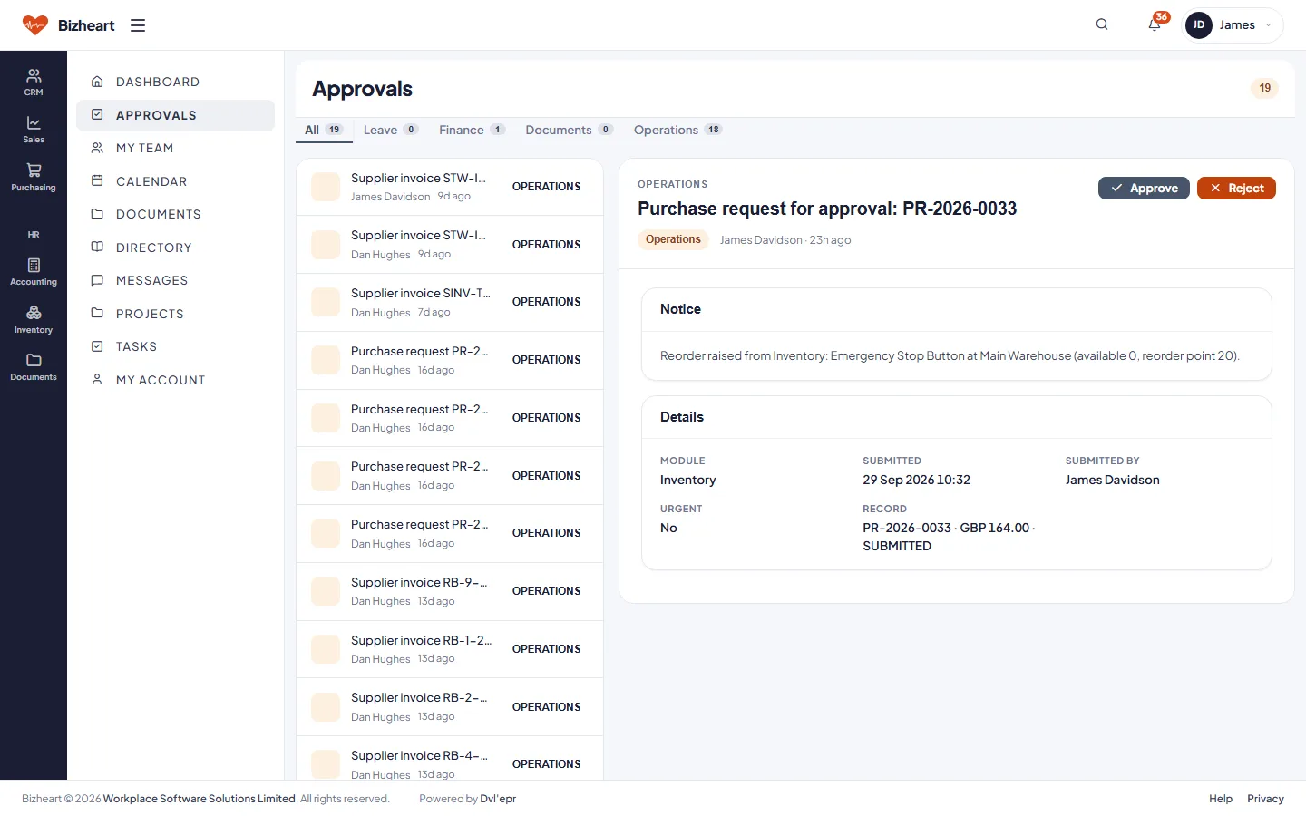 Manager approvals queue listing purchase requests and supplier invoices awaiting a decision