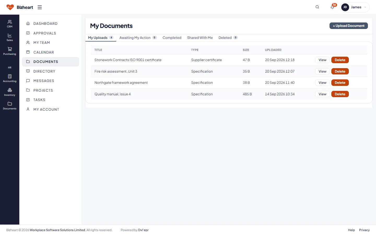 Manager documents: uploads, awaiting my action, completed and shared