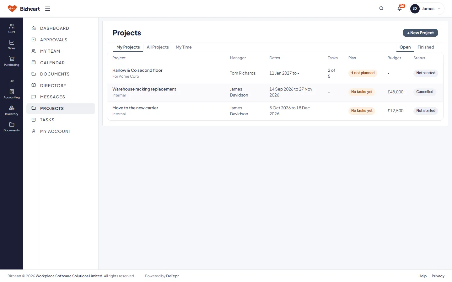 Projects with their manager, dates, tasks, plan and budget