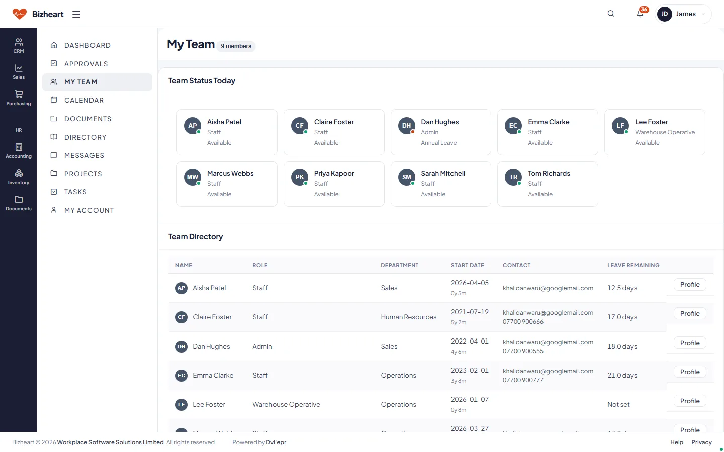 My Team: each team member's status today and the team directory