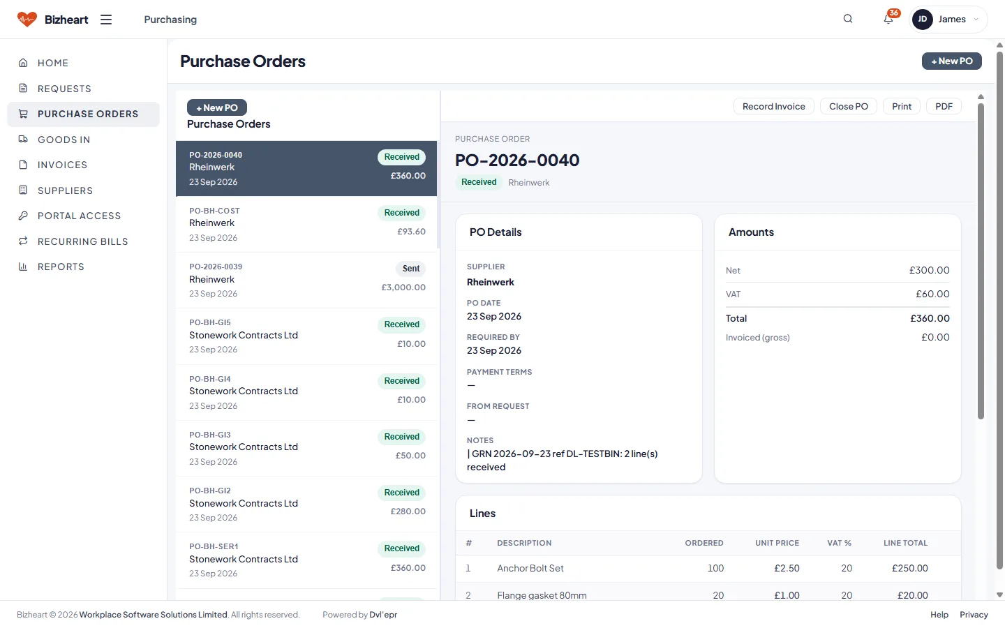 Purchase orders list with detail pane