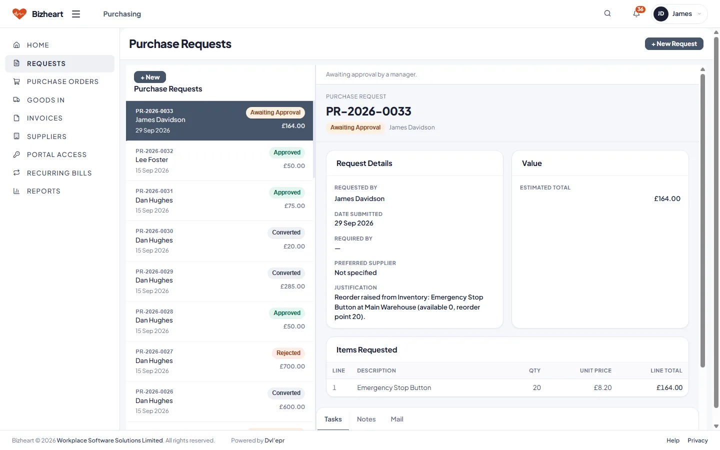 Purchase requests list with status