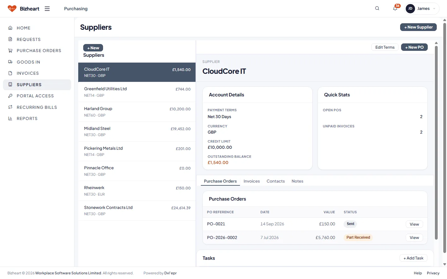 Suppliers list with spend and detail pane