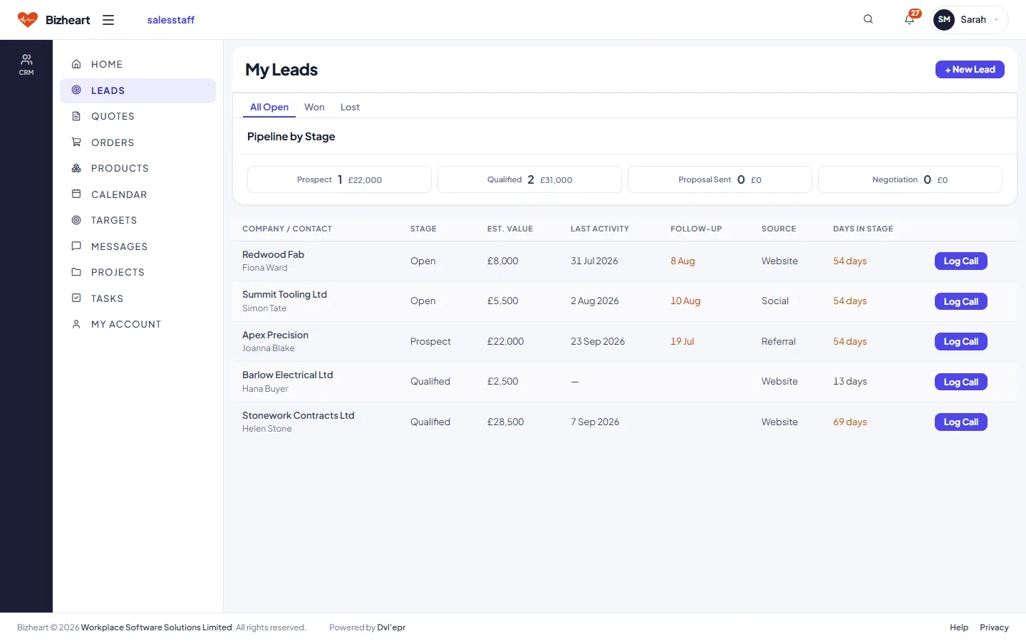 My Leads list with pipeline stage, value and follow-up dates