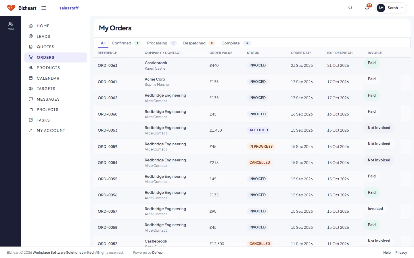 My Orders list with status and invoice state