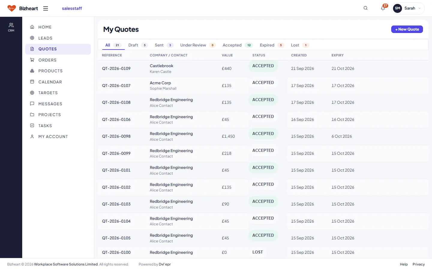 My Quotes list with status and expiry