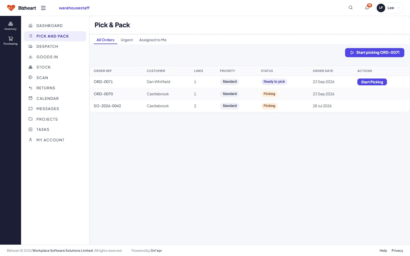 Pick and pack list with an order ready to pick