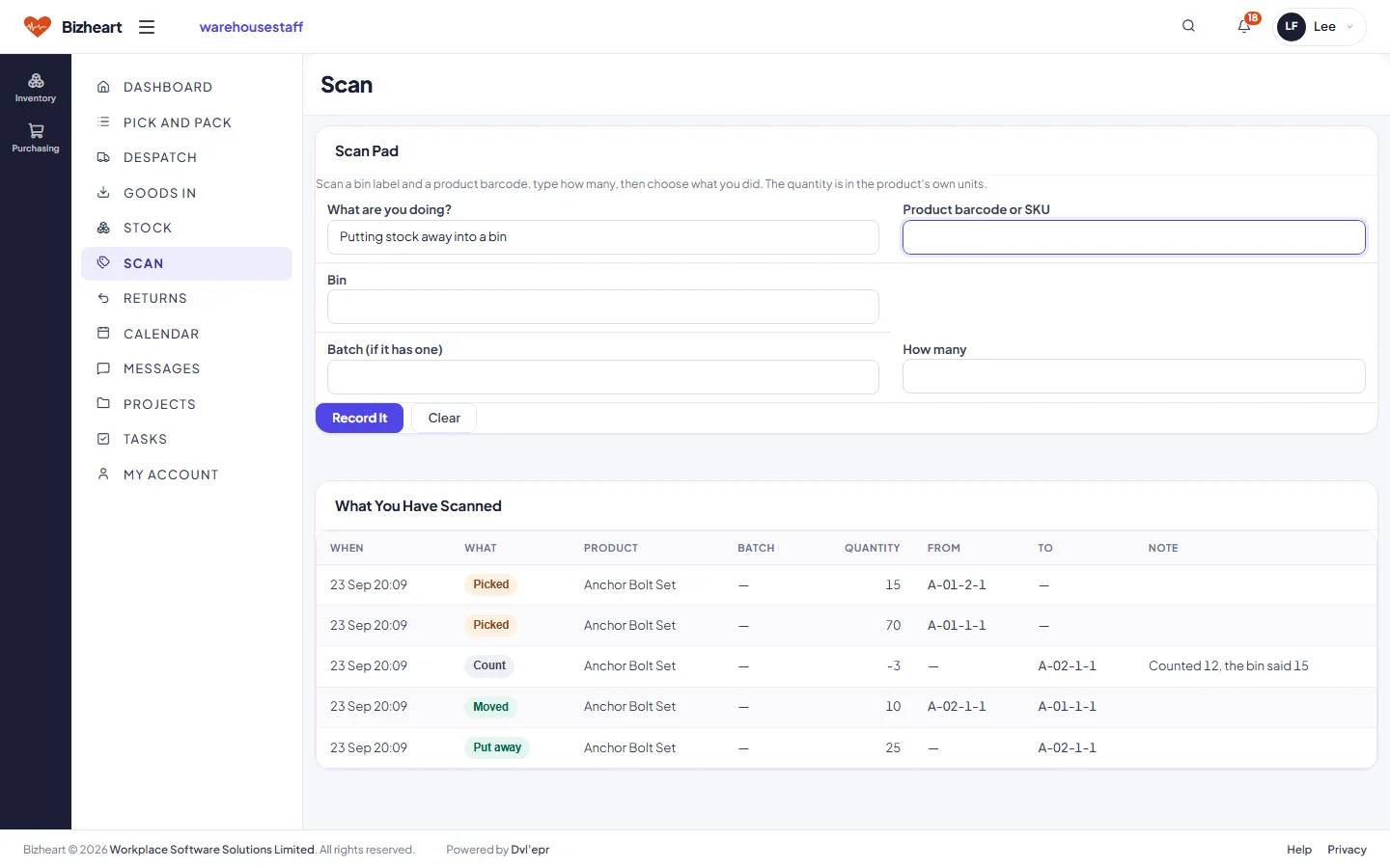 Scan pad: barcode, bin and batch entry for picks, goods in and counts
